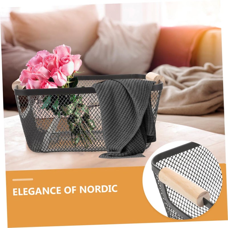 Iron Mesh Storage Baskets 2pcs with Wooden Handles Rectangular Organizer for Kitchen Pantry Bathroom Entryway Closet - Image 4