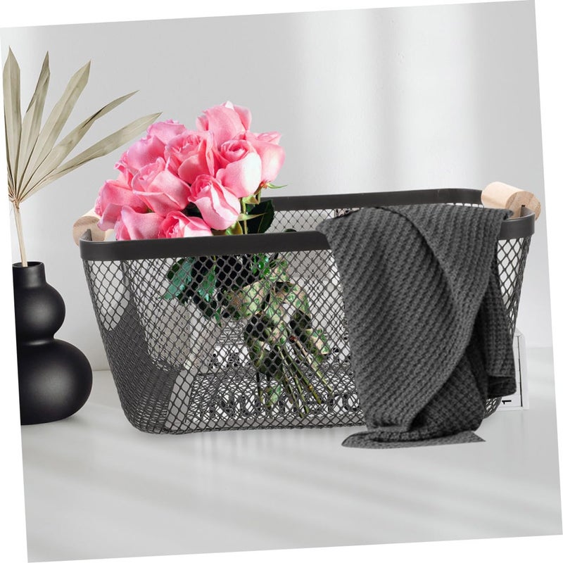 Iron Mesh Storage Baskets 2pcs with Wooden Handles Rectangular Organizer for Kitchen Pantry Bathroom Entryway Closet - Image 5
