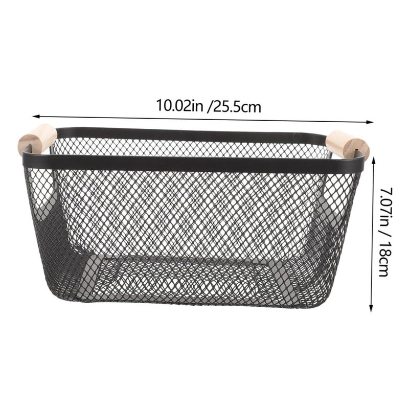 Iron Mesh Storage Baskets 2pcs with Wooden Handles Rectangular Organizer for Kitchen Pantry Bathroom Entryway Closet - Image 3