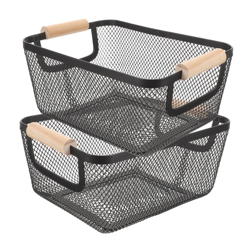 Iron Mesh Storage Baskets 2pcs with Wooden Handles Rectangular Organizer for Kitchen Pantry Bathroom Entryway Closet - Image 2