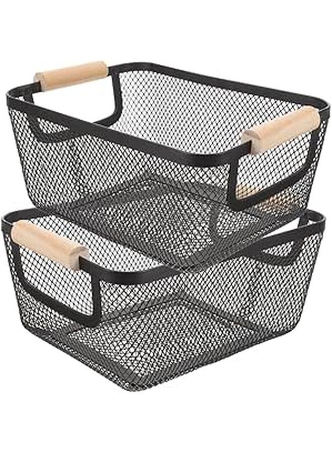 Iron Mesh Storage Baskets 2pcs with Wooden Handles Rectangular Organizer for Kitchen Pantry Bathroom Entryway Closet - Image 1