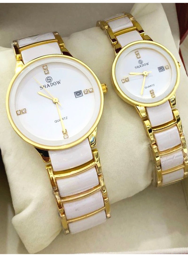 SHADOW Luxury Couple Watch Set - Premium Stainless Steel Matching His and Hers Quartz Wristwatches with Date Display & Crystal Indices - Image 2