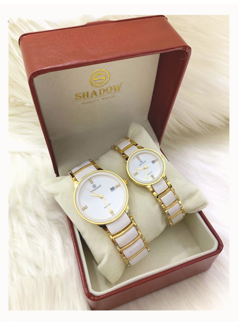 SHADOW Luxury Couple Watch Set - Premium Stainless Steel Matching His and Hers Quartz Wristwatches with Date Display & Crystal Indices - Image 3