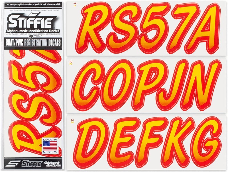 Stiffie Whipline Yellow/Red 3" Boat & PWC Registration Decals • Numbers Letters Stickers - Image 1