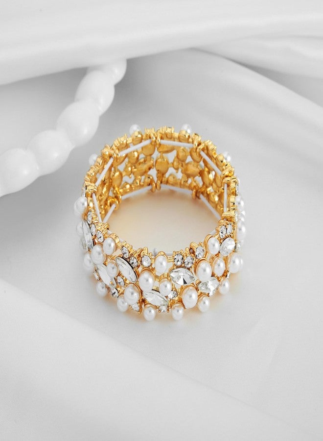 WOWORAMA Crystal Wedding Bracelet for Women Bridal Gold Pearl Rhinestone Bracelet Elastic Stretch Bangle Bracelets for Wedding Party Prom Jewelry - Image 3