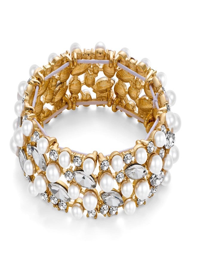 WOWORAMA Crystal Wedding Bracelet for Women Bridal Gold Pearl Rhinestone Bracelet Elastic Stretch Bangle Bracelets for Wedding Party Prom Jewelry - Image 1