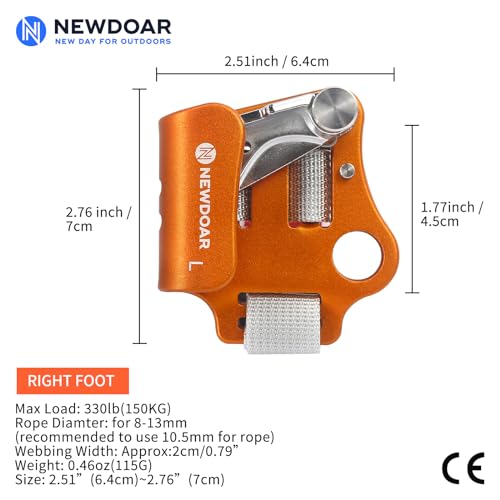 NewDoar Left Foot Ascender Riser Rock Climbing Tree Arborist Mountaineering Rappelling Quick Step Equipment CE Certified Climbing Device for 8~13MM Rope(Left Orange) - Image 2