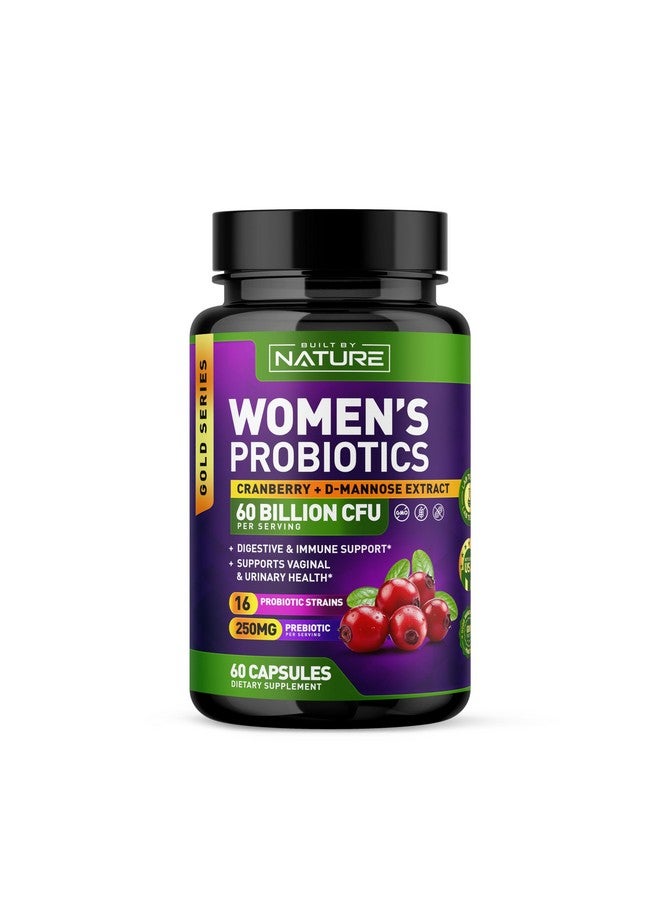 Built By Nature Probiotics for Women - 60 Billion CFUs, 16 Strains, with Cranberry, D-Mannose & Prebiotics - Supports Digestive, Immune, & Vaginal Health - Non-GMO, Dairy & Gluten-Free - 60 Veggie Capsules  - Image 1