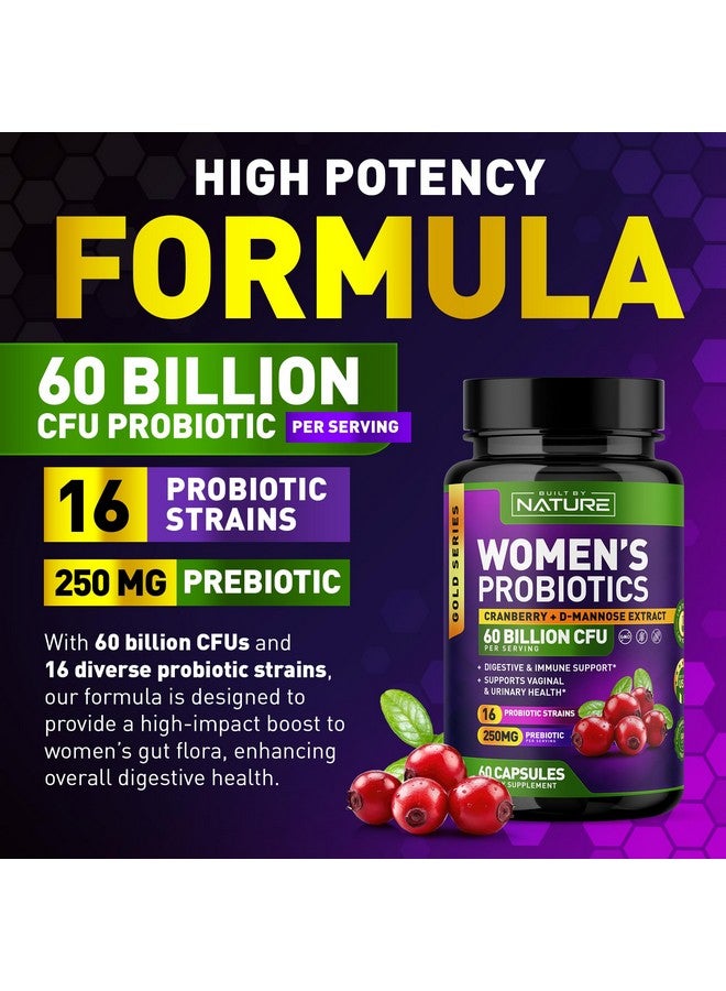Built By Nature Probiotics for Women - 60 Billion CFUs, 16 Strains, with Cranberry, D-Mannose & Prebiotics - Supports Digestive, Immune, & Vaginal Health - Non-GMO, Dairy & Gluten-Free - 60 Veggie Capsules  - Image 3