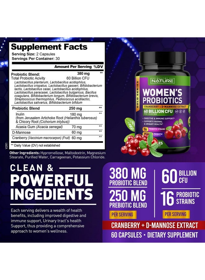Built By Nature Probiotics for Women - 60 Billion CFUs, 16 Strains, with Cranberry, D-Mannose & Prebiotics - Supports Digestive, Immune, & Vaginal Health - Non-GMO, Dairy & Gluten-Free - 60 Veggie Capsules  - Image 2