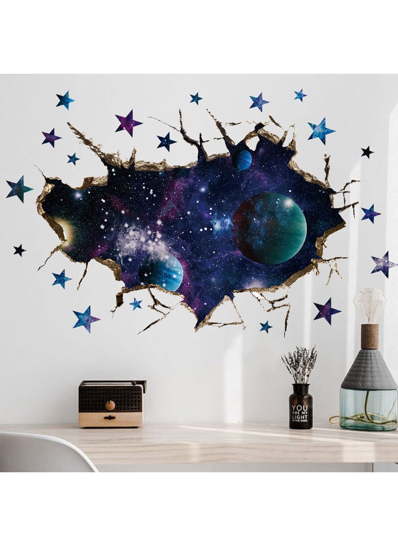 ASMPIO ASMPIO 3D Space Galaxy Wall Decor Stickers Removable Broken Outer Space Planet Waterproof Vinyl Floor Decals 3D Art Magic Wall Mural Decals for Bedroom Living Room Home Wall Decor 