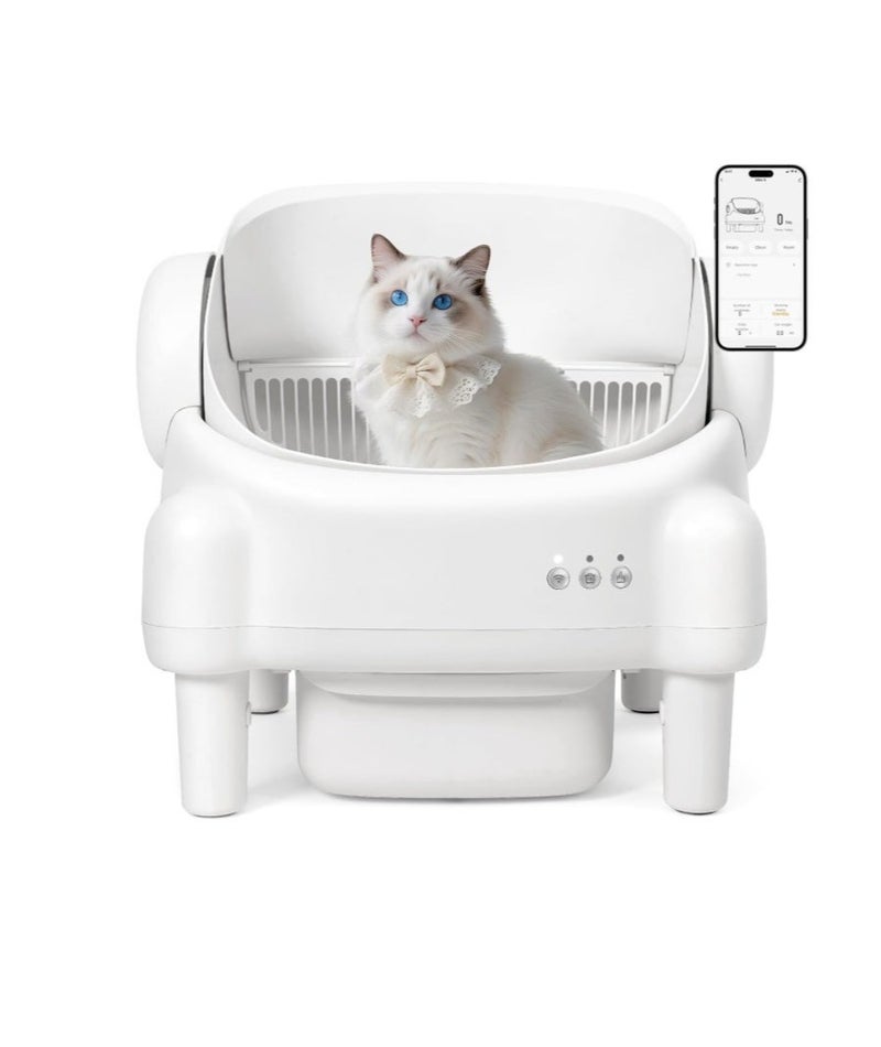 صندوق فضلات ذاتي التنظيف، صندوق فضلات أوتوماتيكي مفتوح من الأعلى مع تحكم عبر تطبيق لعدة قطط، مزود بمستشعرات أمان للحماية، ونظام للتحكم في الروائح، يتضمن بطانتين ورقيتين، سلة مهملات كبيرة، لون أبيض كريمي