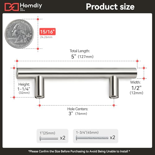 homdiy 5 Pack 3 Inch Brushed Nickel Cabinet Pulls Modern Cabinet Handles - Brushed Nickel Drawer Pulls Stainless Steel Cabinet Hardware,5 Inch Overall Cabinet Door Handles for Cabinets,Cupboard - Image 3