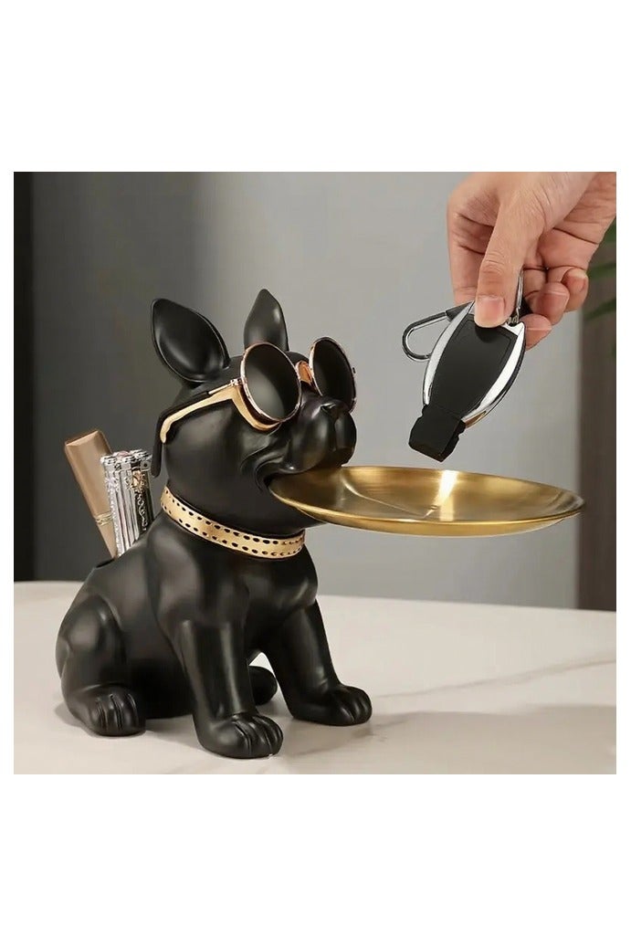 هومستر الراتنج الفرنسية البلدوغ تمثال تخزين علبة, علبة المفتاح لجدول المدخل, لطيف الكلب خادم التمثال مع علبة, الأسود الفرنسية البلدوغ تمثال الحيوان المنحوت جدول الديكور للمكتب المنزلي - Image 1