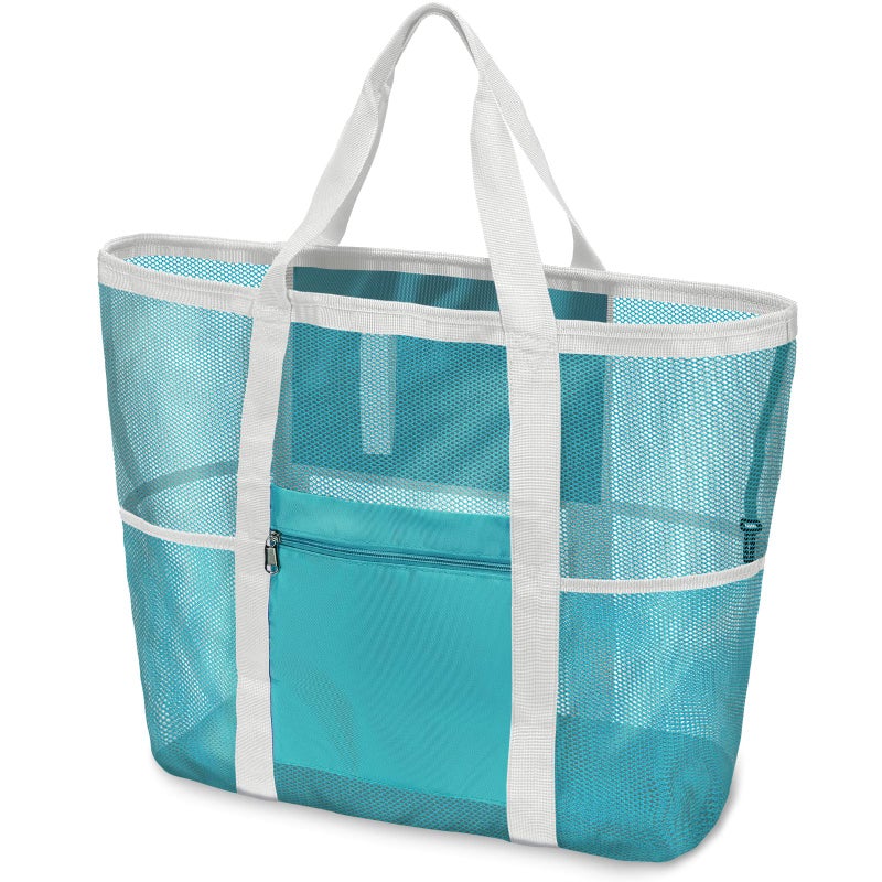 F-color Foldable XL Mesh Beach Bag, 9-Pockets Lightweight Beach Bag for Women with Bottom Waterproof-Sandproof for Pool Travel Grocery Mint Green - Image 1