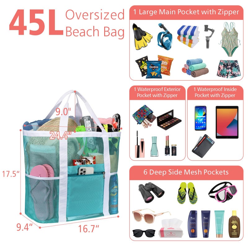 F-color Foldable XL Mesh Beach Bag, 9-Pockets Lightweight Beach Bag for Women with Bottom Waterproof-Sandproof for Pool Travel Grocery Mint Green - Image 2