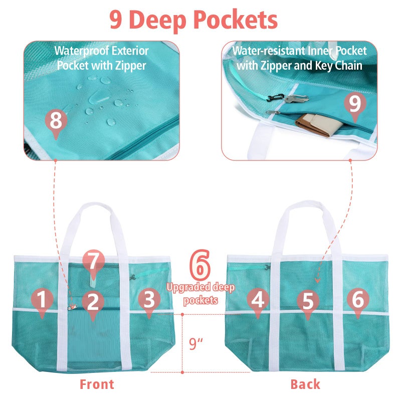 F-color Foldable XL Mesh Beach Bag, 9-Pockets Lightweight Beach Bag for Women with Bottom Waterproof-Sandproof for Pool Travel Grocery Mint Green - Image 4