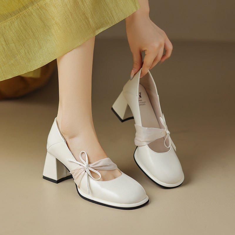 Spring 2024 Elegant High-Heeled Ribbon 33-43 Bow Solid Color Shallow Mouth Single Shoes For Women - Image 5