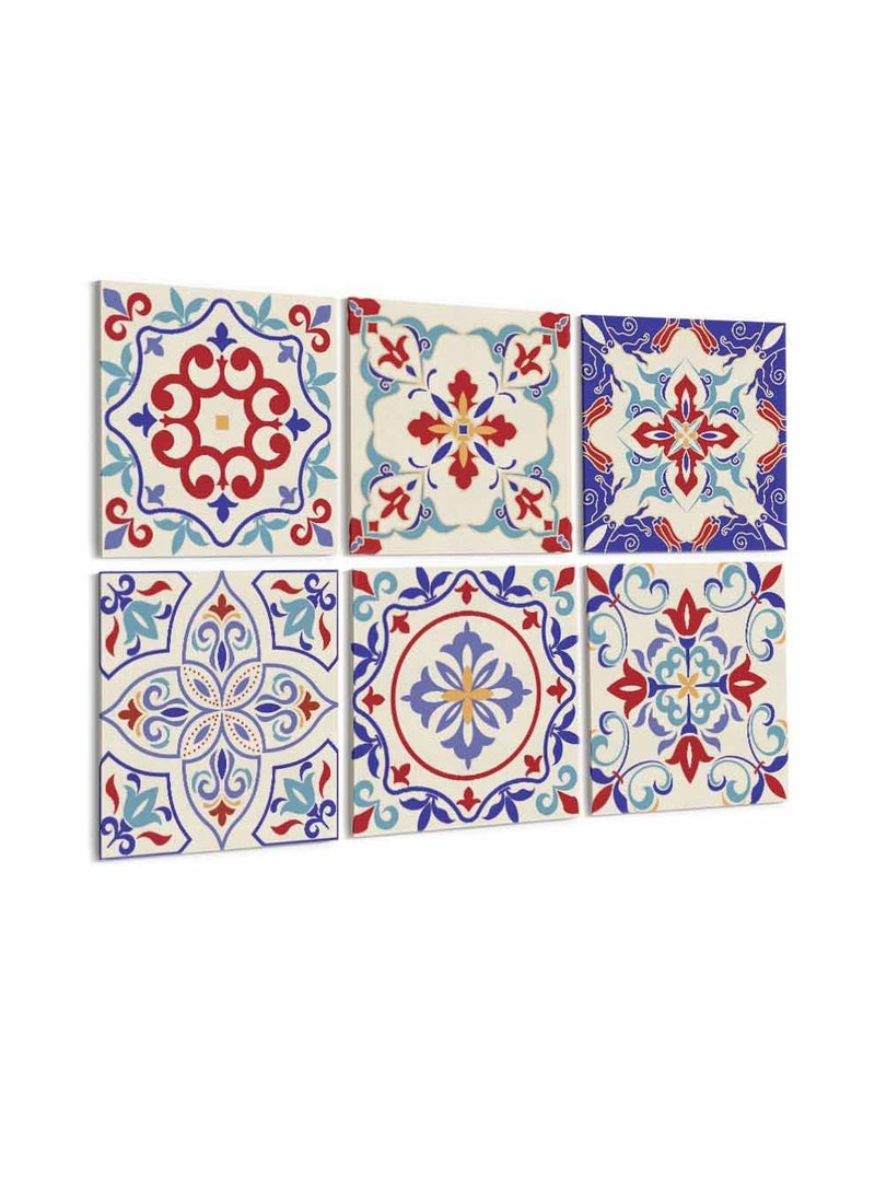 LOWHA Set Of 6 Framed Square Canvas Wall Arts Stretched Over Wooden Frame, Colourful Turkish Style Ceramic Seamless Painting, For Home, Living Room, Office Decor  - Image 1