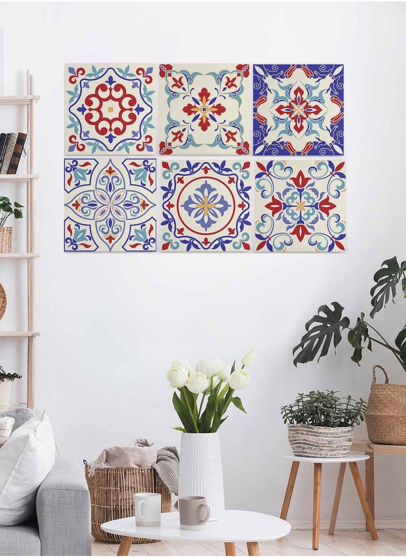LOWHA Set Of 6 Framed Square Canvas Wall Arts Stretched Over Wooden Frame, Colourful Turkish Style Ceramic Seamless Painting, For Home, Living Room, Office Decor  - Image 3
