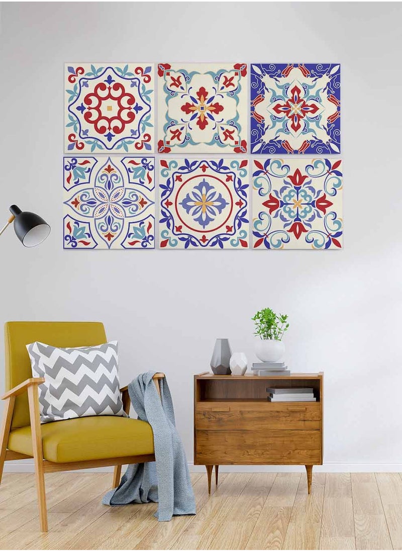 LOWHA Set Of 6 Framed Square Canvas Wall Arts Stretched Over Wooden Frame, Colourful Turkish Style Ceramic Seamless Painting, For Home, Living Room, Office Decor  - Image 2