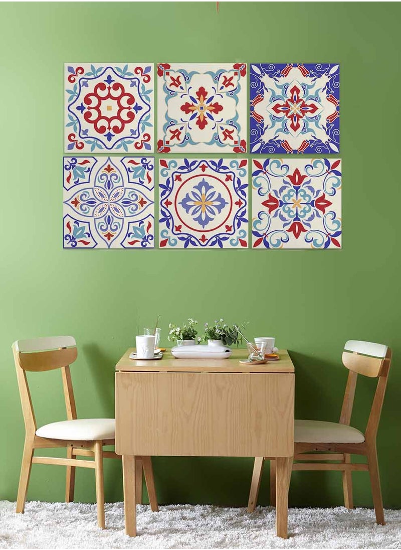 LOWHA Set Of 6 Framed Square Canvas Wall Arts Stretched Over Wooden Frame, Colourful Turkish Style Ceramic Seamless Painting, For Home, Living Room, Office Decor  - Image 4