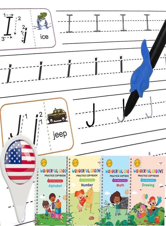 كتب تدريب على الكتابة السحرية للأطفال - كتاب تدريب على التتبع باللغة الإنجليزية لمرحلة ما قبل الروضة، دفاتر تمارين كتابة يدوية قابلة لإعادة الاستخدام لمرحلة ما قبل الروضة بدون تمزق، 4 دفاتر نسخ مع عبوة حبر قلم للأعمار من 3 إلى 10 سنوات (الإنجليزية، صغير) - Image 1