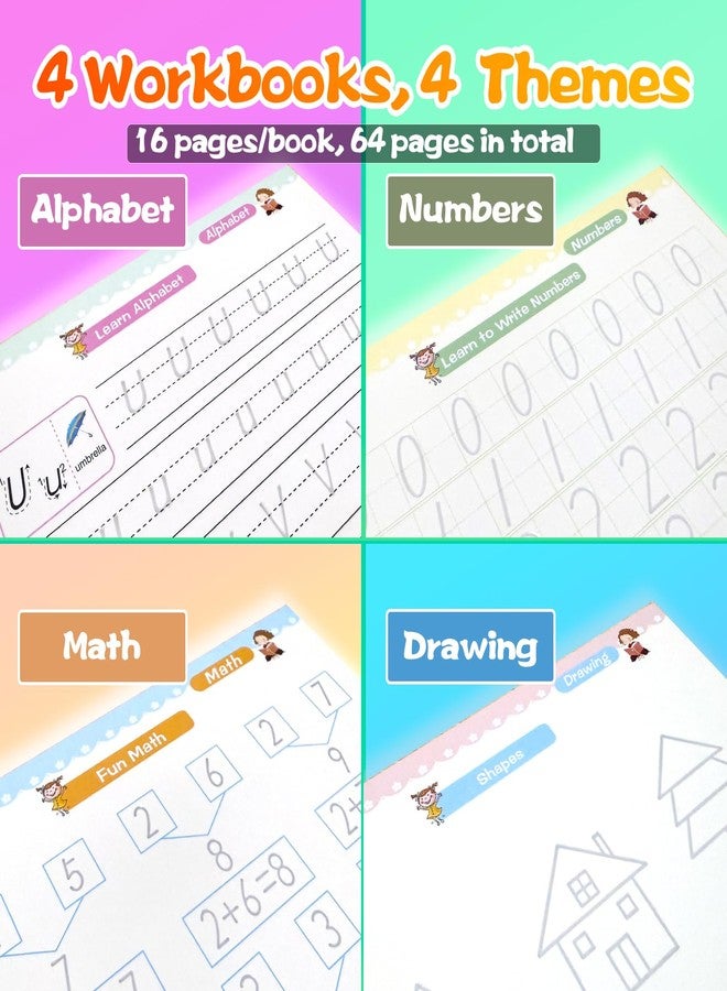 كتب تدريب على الكتابة السحرية للأطفال - كتاب تدريب على التتبع باللغة الإنجليزية لمرحلة ما قبل الروضة، دفاتر تمارين كتابة يدوية قابلة لإعادة الاستخدام لمرحلة ما قبل الروضة بدون تمزق، 4 دفاتر نسخ مع عبوة حبر قلم للأعمار من 3 إلى 10 سنوات (الإنجليزية، صغير) - Image 4