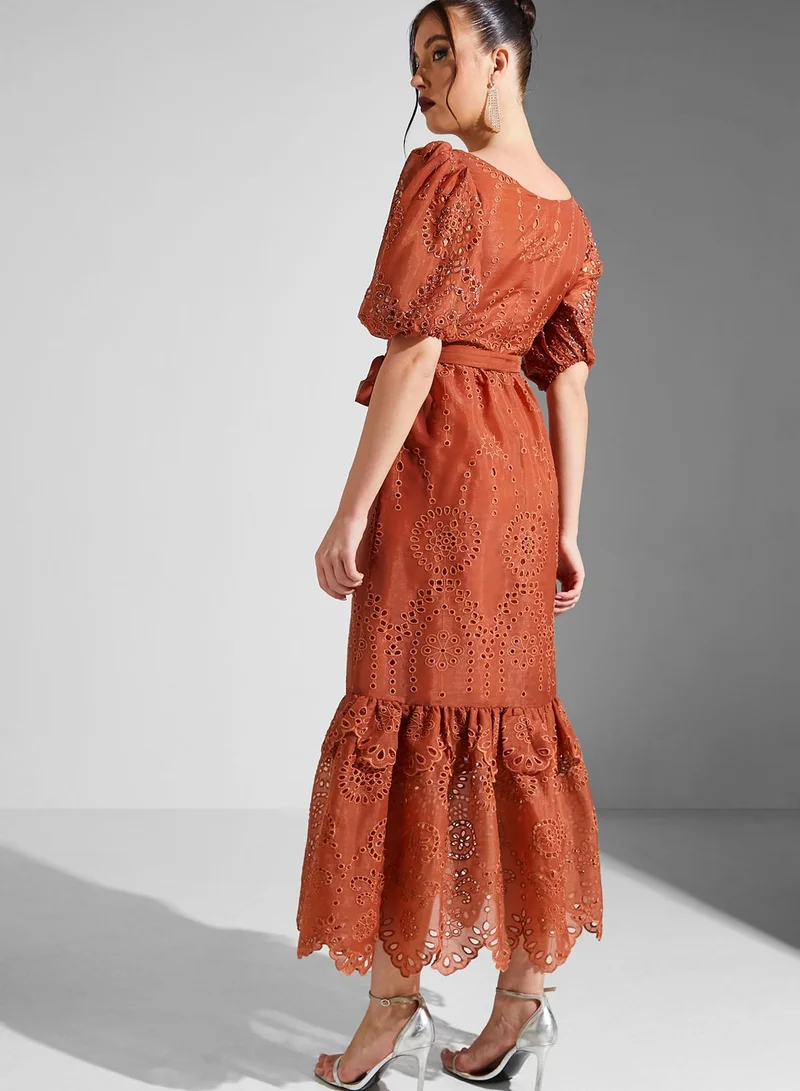 Threadz by Ajooni Eyelet Puff Sleeve Dress