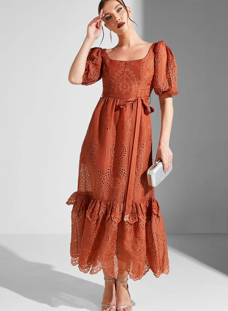 Threadz by Ajooni Eyelet Puff Sleeve Dress