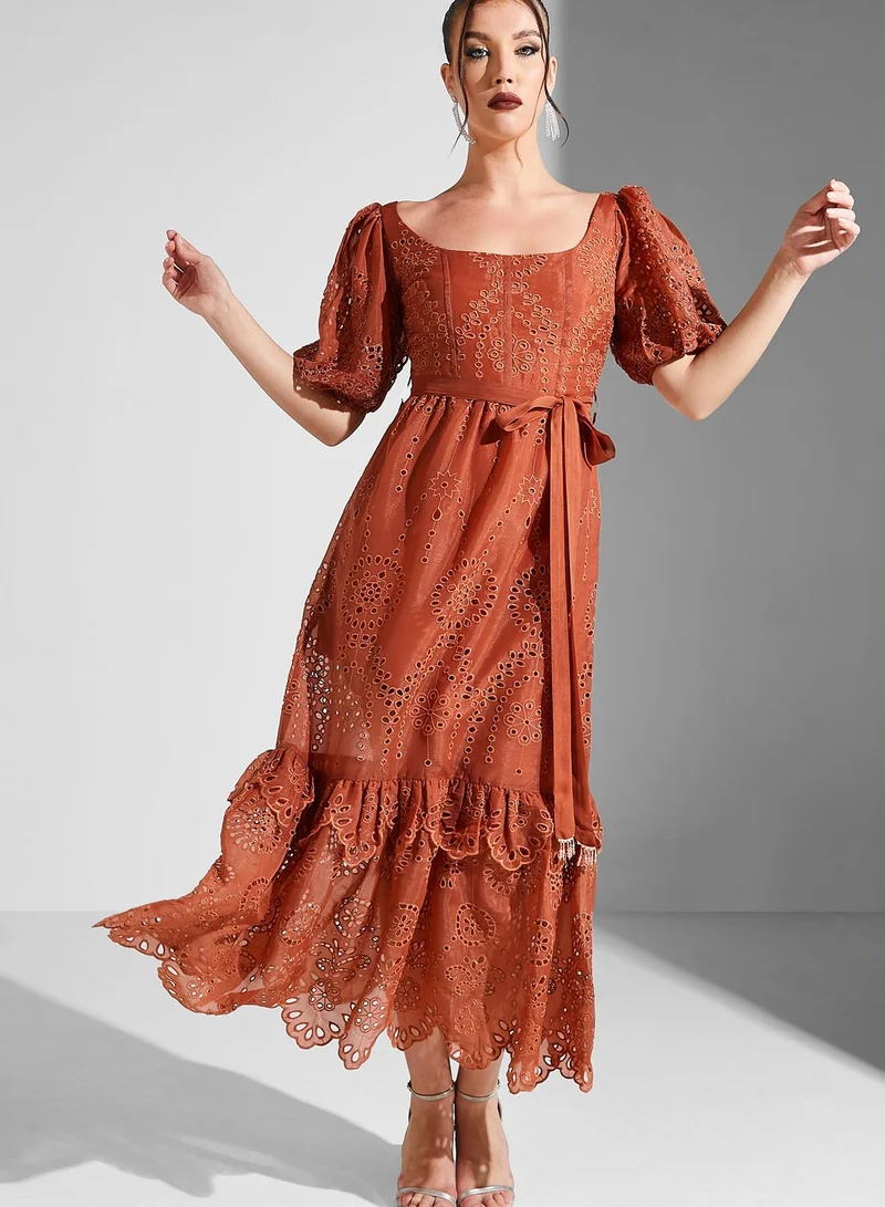Threadz by Ajooni Eyelet Puff Sleeve Dress