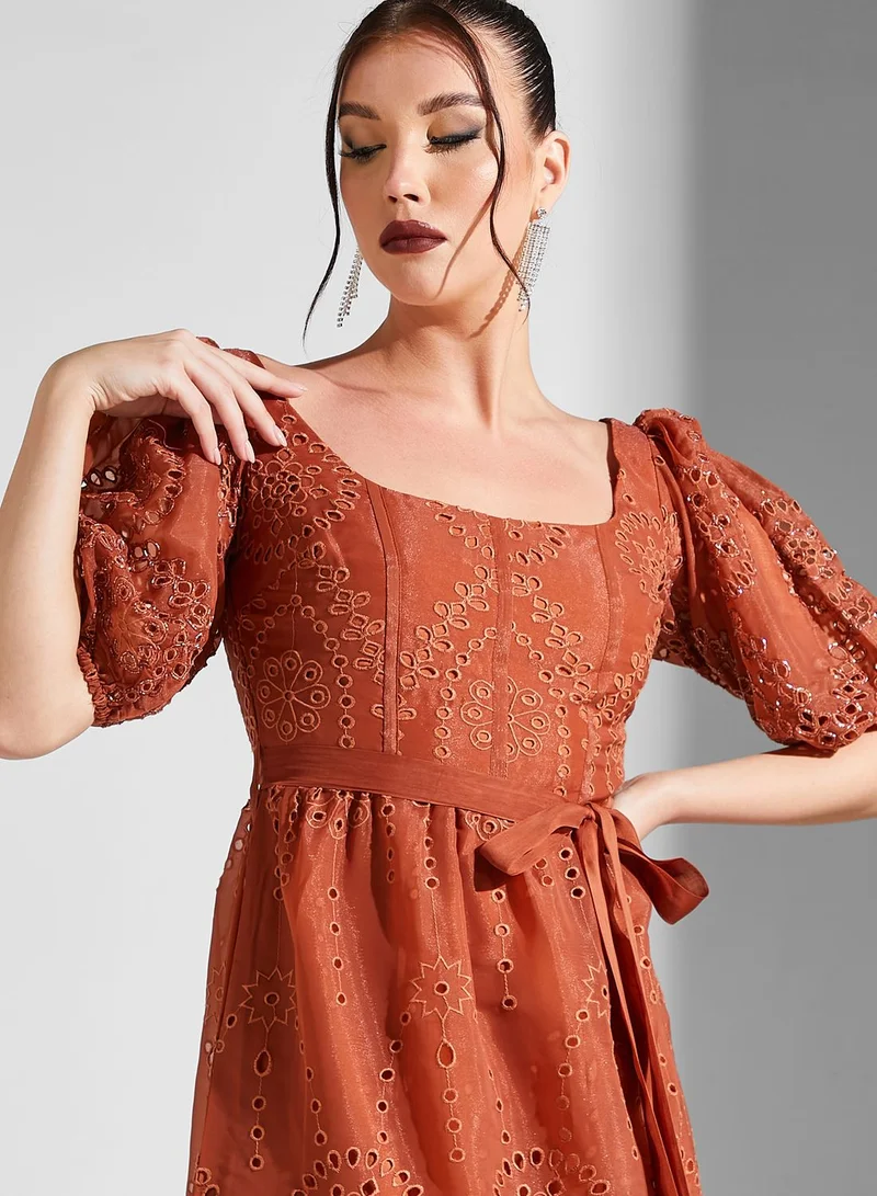 Threadz by Ajooni Eyelet Puff Sleeve Dress