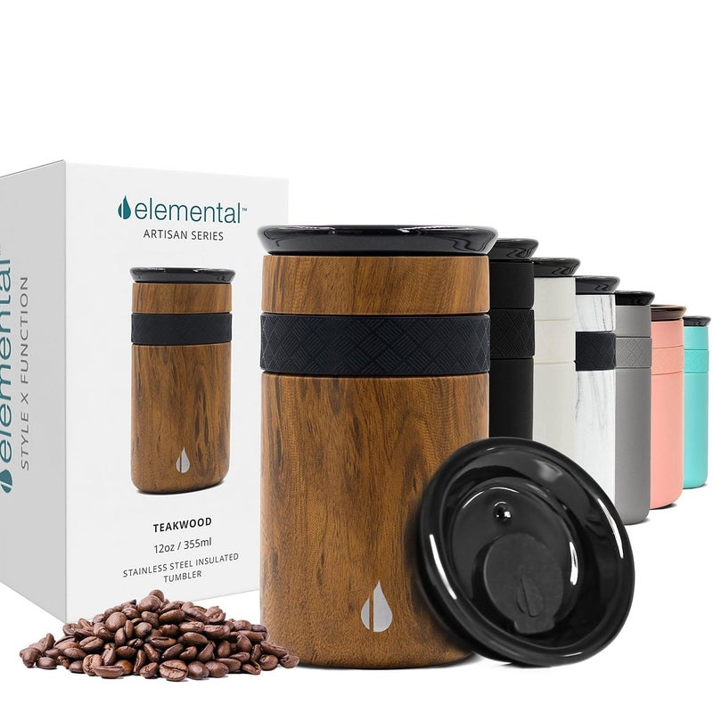 Elemental Artisan Insulated Tumbler Triple Wall Coffee Travel Mug Reusable Stainless Steel Coffee Tumbler with Ceramic Lid Thermal Coffee Cups for Hot 6 Hrs  Cold 18 Hrs 12oz  Teak Wood