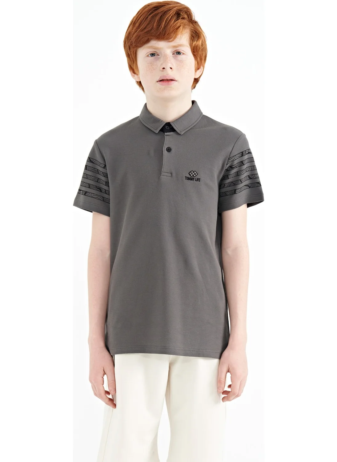 تومي لايف Dark Gray Sleeve Print Detailed Standard Pattern Polo Collar Boy's T-Shirt - 11093