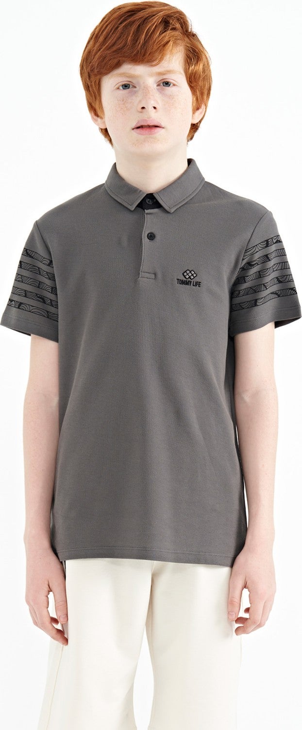 Tommy Life Dark Gray Sleeve Print Detailed Standard Pattern Polo Collar Boy's T-Shirt - 11093  - Image 1