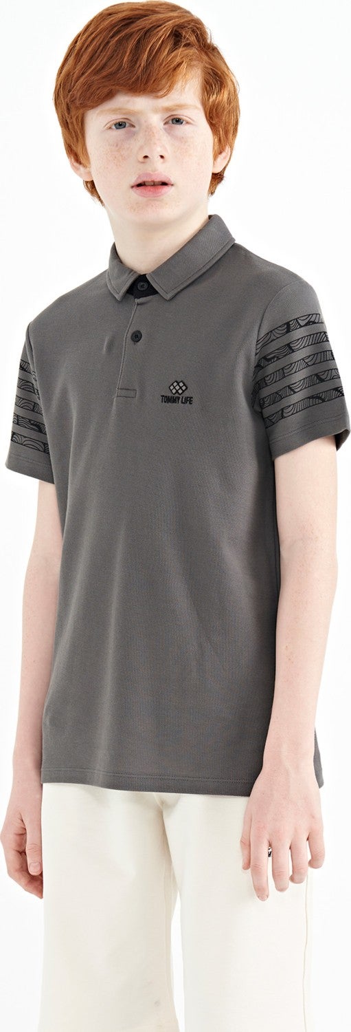Tommy Life Dark Gray Sleeve Print Detailed Standard Pattern Polo Collar Boy's T-Shirt - 11093  - Image 4