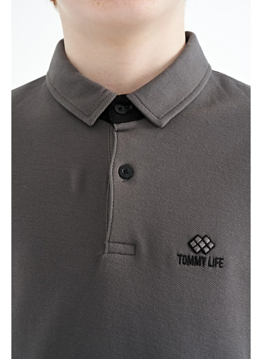 تومي لايف Dark Gray Sleeve Print Detailed Standard Pattern Polo Collar Boy's T-Shirt - 11093