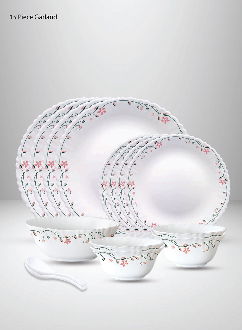 بريتيش شيف طقم عشاء أوبال وير مكون من 15 قطعة | آمن للاستخدام في الميكروويف وغسالة الأطباق | طقم عشاء جارلاند مع طبق عشاء مكون من 4 قطع، طبق جانبي مكون من 4 قطع، وعاء تقديم مكون من قطعتين، وعاء خضروات مكون من 4 قطع، ملاعق مكونة من قطعتين - أبيض - Image 1