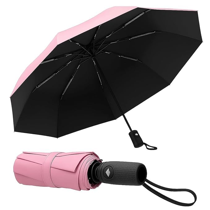LACOSSI UV Umbrella with Novelty Carabiner Handle, Travel Umbrellas for Rain and Sun Windproof Compact, Automatic Open Close, 8 Ribs, Portable Umbrella for Men and Women (L-Pink) - Image 1