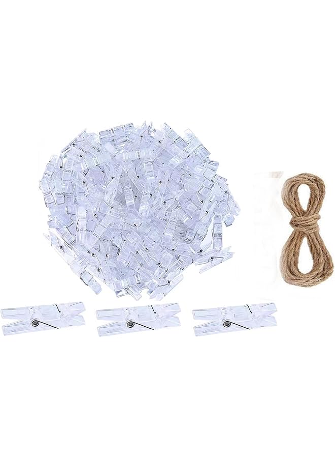 The Bros 100 Pieces Hanging Wall Clips with 10m Hemp Rope, 3.5*0.5cm, Hanging Clips for Pictures Poster Photo Halloween Christmas Decorations (Clear） - Image 1