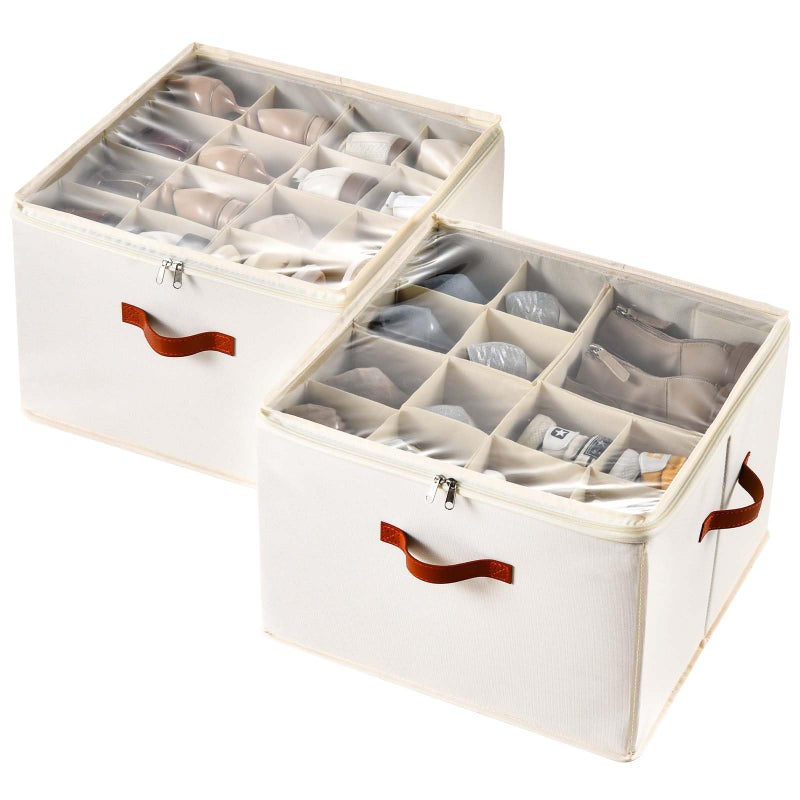 INSTY Shoe Organizer for Closet 2 Pack Foldable Shoe Storage Containers Fits up to 1632 Pairs Adjustable Dividers for Shoe Organizer Fabric Shoe Storage Bins with Clear Cover Beige