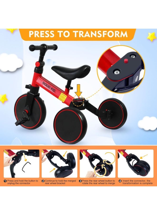 ELTRAZONE 4-in-1 Kids Balance Bike & Tricycle for 1-4 Years | Toddler Ride-On Toy with Adjustable Seat & Pedals | Indoor Outdoor Baby Trike for Boys & Girls | Perfect First Birthday Gift (Red) - Image 4