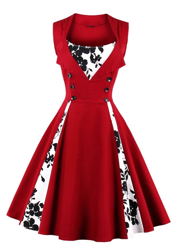 Loquat Patchwork color retro dress Wine red  - Image 1