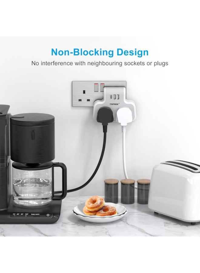 TOPREK Multi Plug Adaptor, Double Plug Adapter UK, 2USB-A & 1USB-C Extension Socket, Slim Wall Extension socket for Home, Office, Kitchen - Image 4