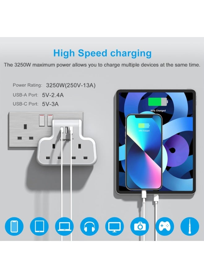 TOPREK Multi Plug Adaptor, Double Plug Adapter UK, 2USB-A & 1USB-C Extension Socket, Slim Wall Extension socket for Home, Office, Kitchen - Image 5