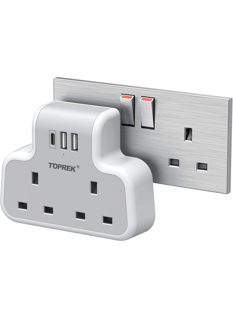 TOPREK Multi Plug Adaptor, Double Plug Adapter UK, 2USB-A & 1USB-C Extension Socket, Slim Wall Extension socket for Home, Office, Kitchen - Image 1