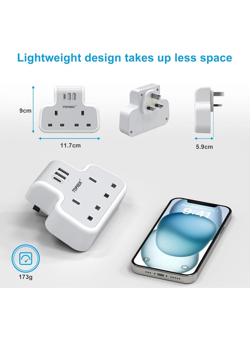 TOPREK Multi Plug Adaptor, Double Plug Adapter UK, 2USB-A & 1USB-C Extension Socket, Slim Wall Extension socket for Home, Office, Kitchen - Image 3