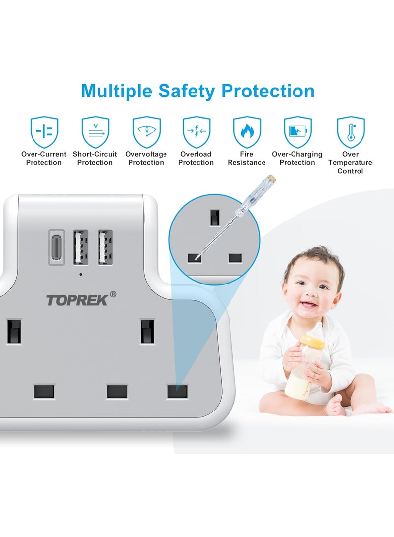 TOPREK Multi Plug Adaptor, Double Plug Adapter UK, 2USB-A & 1USB-C Extension Socket, Slim Wall Extension socket for Home, Office, Kitchen - Image 2