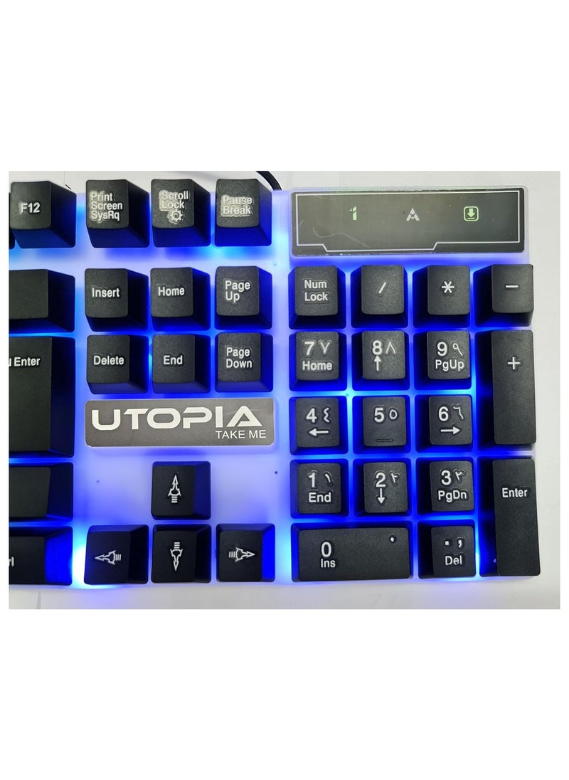 Utopia - Utopia BA-505 Gaming Keyboard with Rainbow LED Backlight – 104 Arabic/English Keys – USB Wired –  Metal Body – Durable & Stylish – Ideal for PC & Gamers - Image 1