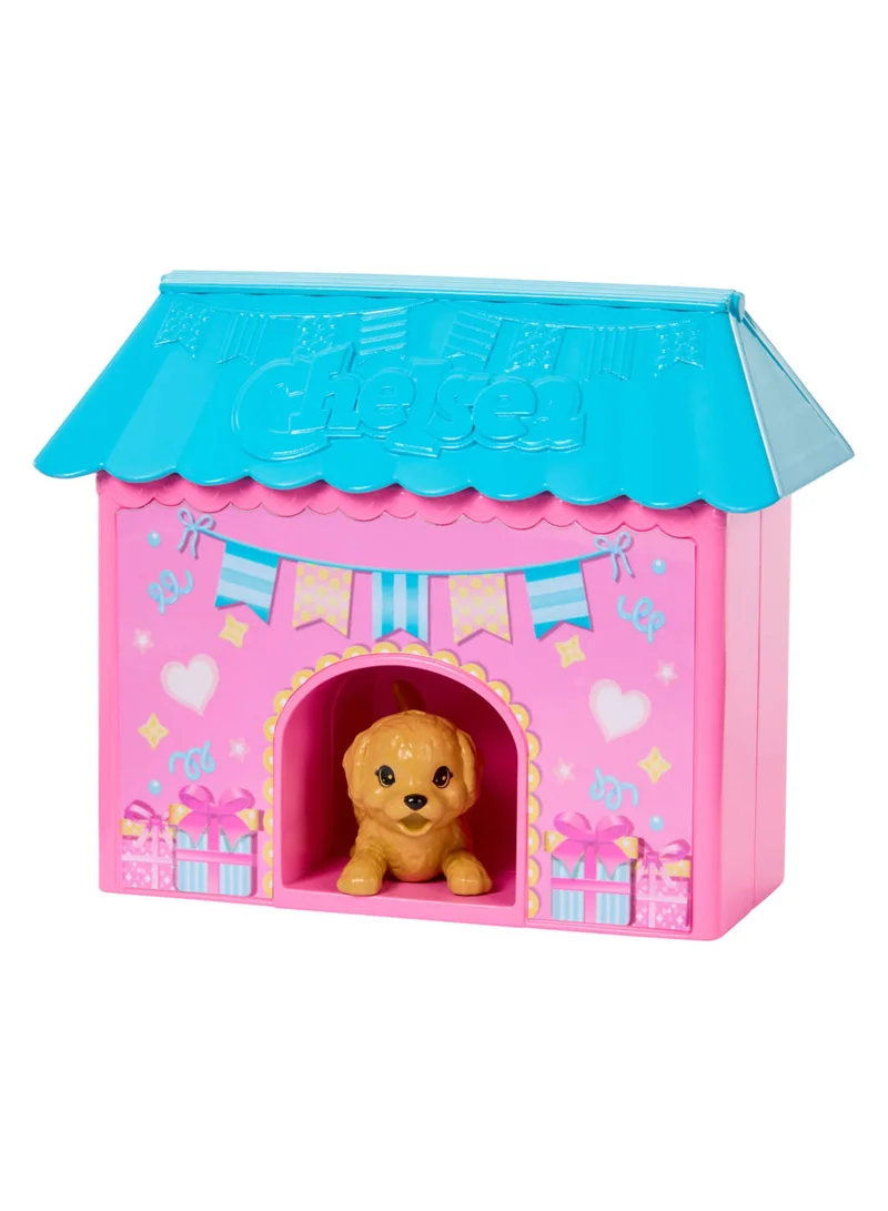 باربي Family & Friends Club Chelsea Surprise Birthday Party Playset with Chelsea Small Doll (Brunette), Transforming Doghouse & 10+ Accessories